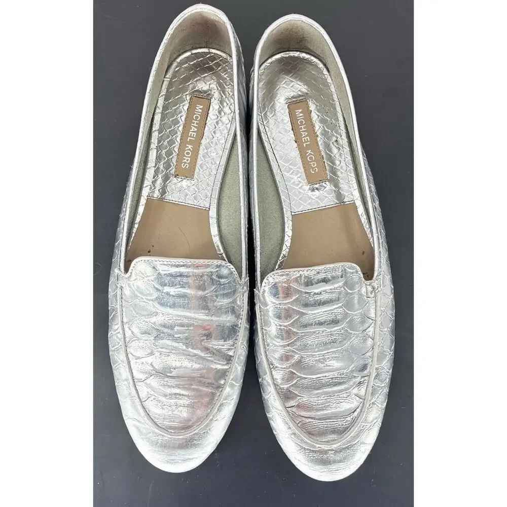 Michael Kors Silver Embossed Stacked Heel Italian sole Minimalist Flat 37 Us 7